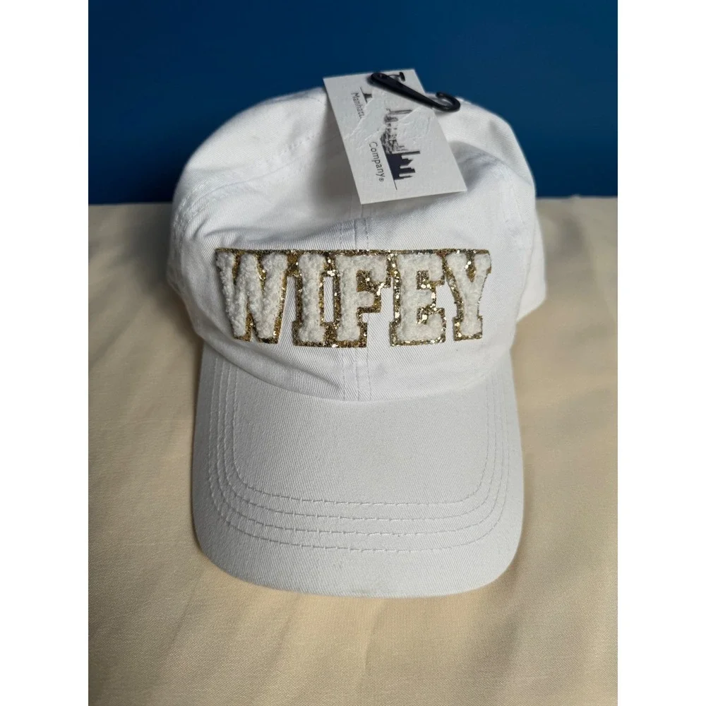 Manhattan Hat Company White Wifey Chenille Patch Baseball Cap Gold Glitter New